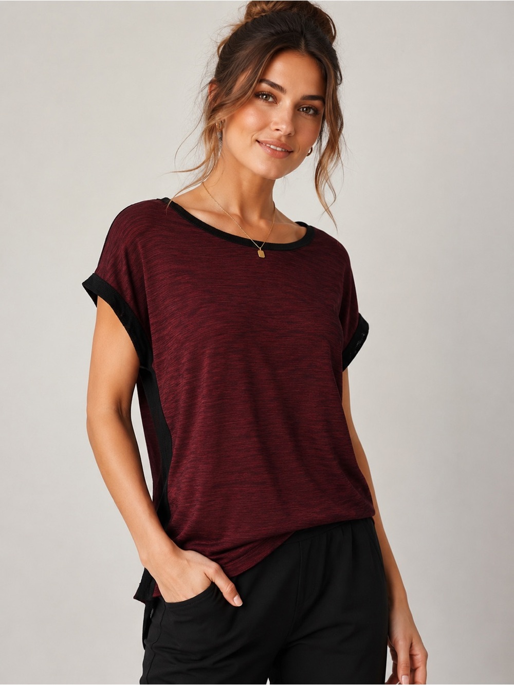 Joe Fresh Short Sleeve Top in Burgundy with Black Trim